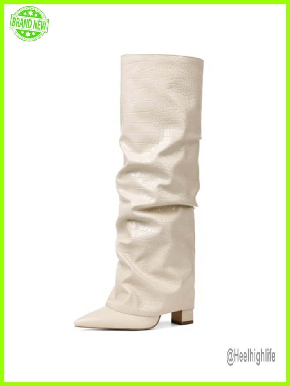 Women's Slouchy Knee High Boots Pointed Toe Fold Over Chunky Heel Pull-On